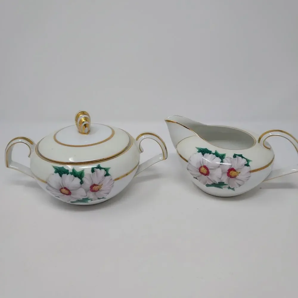 Kent Tropical Pattern Sugar Bowl Lid Creamer Set Occupied Japan Vintage 1950